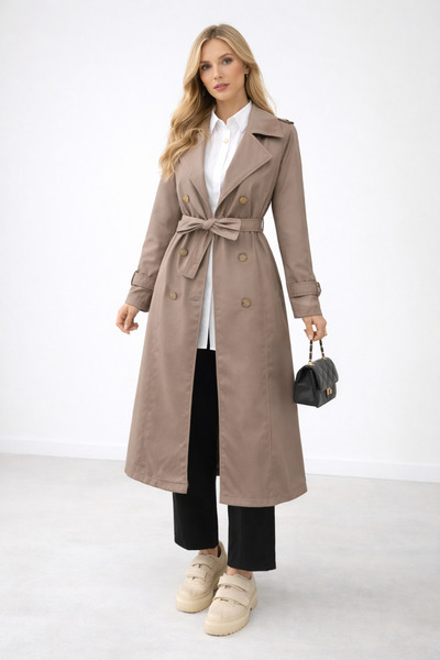 Kirazgym Women's Lined Belted Buttoned Premium Trench Coat - Mink
