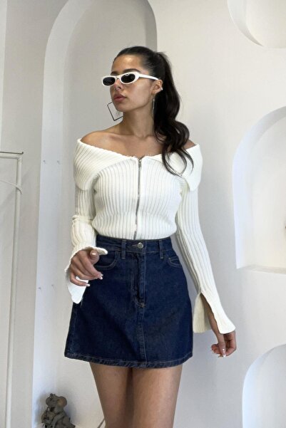 elif&co Madonna Collar Corded Fabric Zippered Sweater - Ecru Ekru