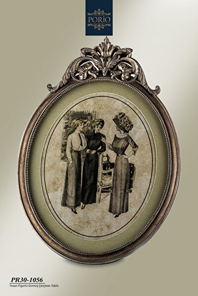 Porio Vintage Ahşap Görünümlü İnsan Figürlü 42*30 Dekoratif Gümüş Çerçeve Pan...