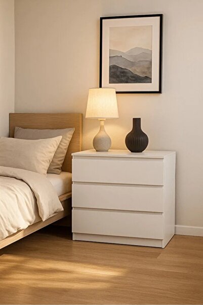 N.zone White wooden chest of drawers 80×48×79 cm - Three-drawer chest for bed...