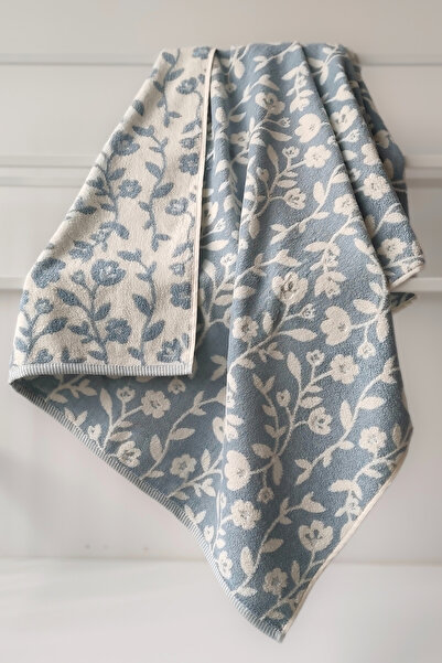 Sevim Floral Patterned Yarn Dyed Blue Bath Towel - Highly Water Absorbent & S...