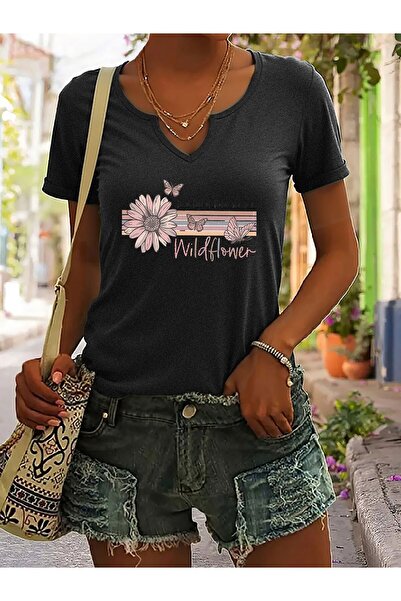 mercoledi Women's Wildflower Printed Half V-Neck Sleeves Regular Fit Casual T...