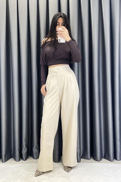 Gökkuşağı Çift Pileli Kemer Detay Palazzo Pantolon - Taş TAŞ