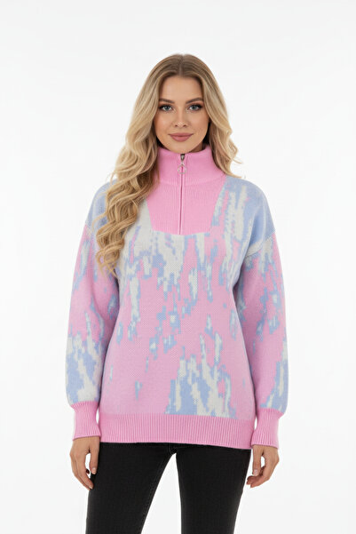 Stil Sepeti Women's Pink Mock Neck Zipper Patterned Knitwear Sweater Ss-40023...