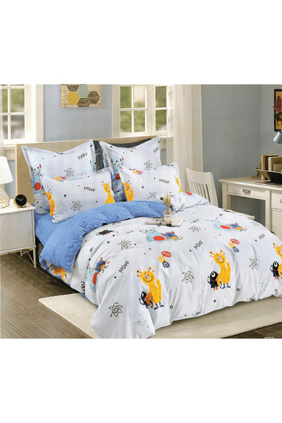 trendyhome Lenjerie pat dublu, 6 Piese, Bumbac Finet, Animalute, Bleu/Albastru