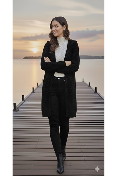 citystyle Kadın Triko Hırka Ceket Siyah Uzun Kollu Kapüşonlu Kabartma Desenli Şerit Garnili