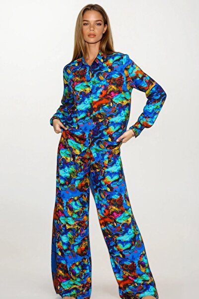 Trend Alaçatı Stili Women's Blue Patterned Oversized Shirt and Lace-Up Palazz...