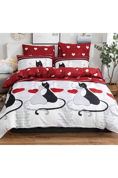 trendyhome Lenjerie Pat Dublu, 4 Piese, Bumbac Finet, Pisicute Si Inimioare, ...