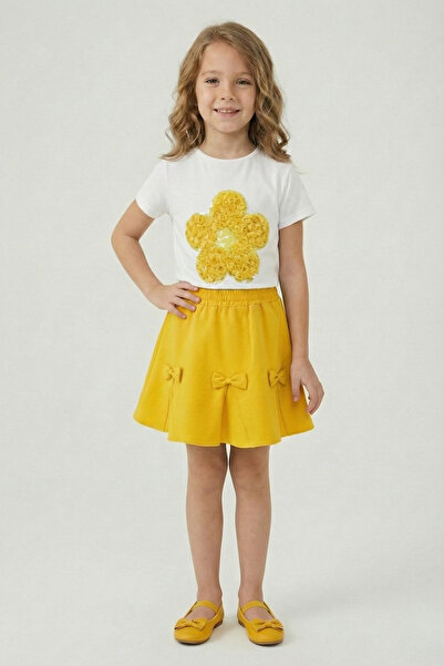 FATELLA Tricou galben cu margarete pentru fete, fustă cu panglică galbenă, 23...