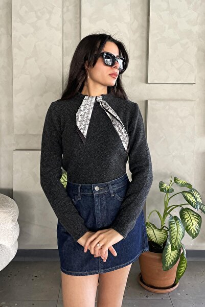 elif&co سترة تريكو بياقة مفتوحة وأكمام طويلة - أنثراسايت