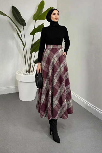 Tesettür Diyarı Ekose Desen Kloş Kaşe Tesettür Etek- Bordo