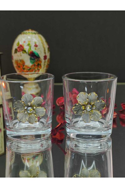 KirLiNova Gray Flower Detailed Glass Coffee Side Cup Set of 2