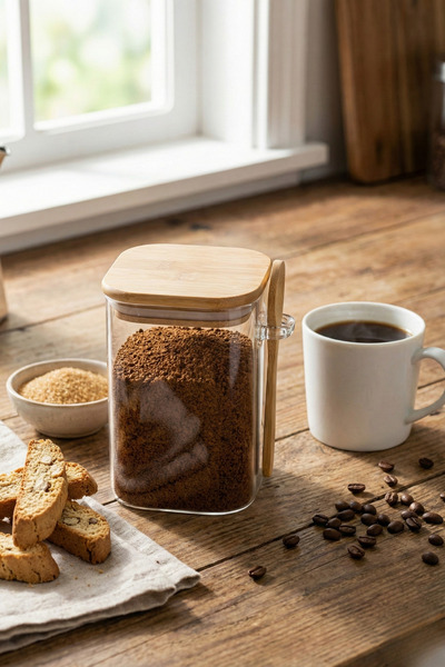 Poomy Glass Jar with Bamboo Lid and Spoon 900 ml Borosilicate Vacuum Food Con...