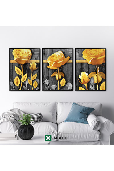 TABLOX 3-компонентен комплект картини с декоративна рисунка на роза в жълто, ...
