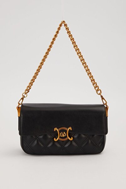 Levidor Siyah Düz Kapaklı Yarım Kapitone Omuz Çantası