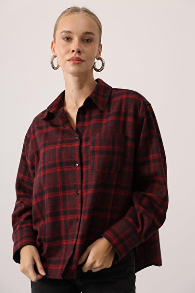 vuvutasarım Women's Plaid Oversized Women's Burgundy Shirt 34507