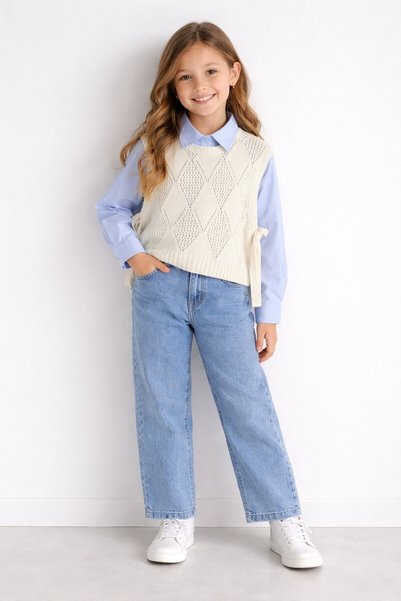 CansınMini Blue Buttoned Shirt with Jeans Pants Girls' Knit Vest 3-Piece Set 23534