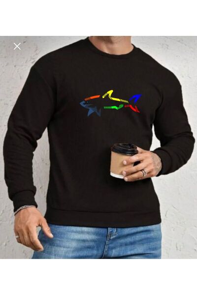 LELVANİ Мъжка цветна суитшърт с рибешки мотиви и черна яка