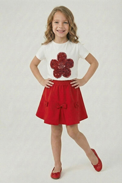 FATELLA Girl's Red Daisy T-Shirt Red Ribbon Skirt April 23 October 29 Show Ou...