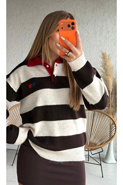 Mzr Collection Women's double heart detail brown stone striped knitted sweater