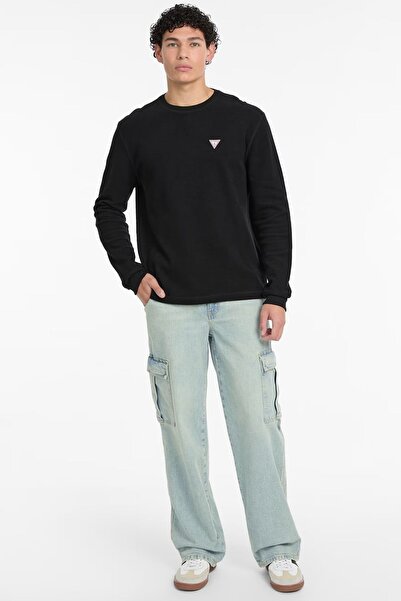 Guess Tricou negru cu mânecă lungă pentru bărbați, tricotat tip waffle