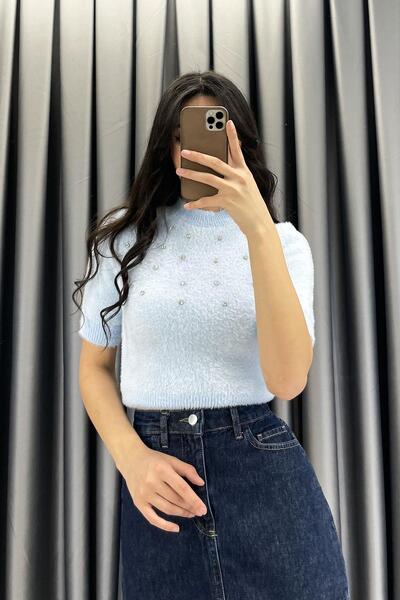 elif&co Stone Embellished Bearded Short Sleeve Sweater - Baby Blue Baby Blue