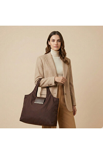 Jınıcha Koyu Kahverengi Katlanabilir Bez Çanta(Metal Toka) – Çantaya Takılabi...