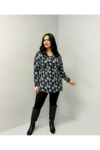 THEBEK Yumoş Velvety Suede Patterned Oversized Blouse Green White Pattern