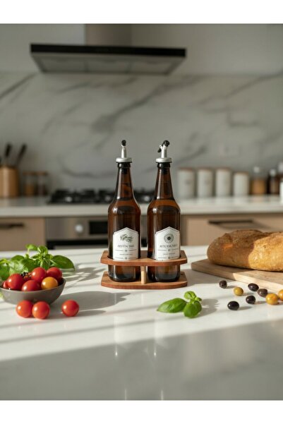 Padilon Set of 2 500 ml Glass Oil Bottles with Wooden Stands for Olive Oil an...