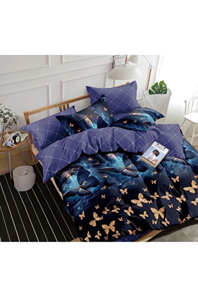 trendyhome Double Bed Linen, 4 Pieces, Satin Cotton, Butterflies, Navy Blue