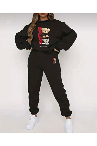 LELVANİ Women's Relox Printed Black Hooded Tracksuit Set