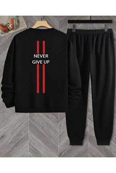 LELVANİ Men's Never Give up Printed Track Suit Set Circular Neck Black Sweat