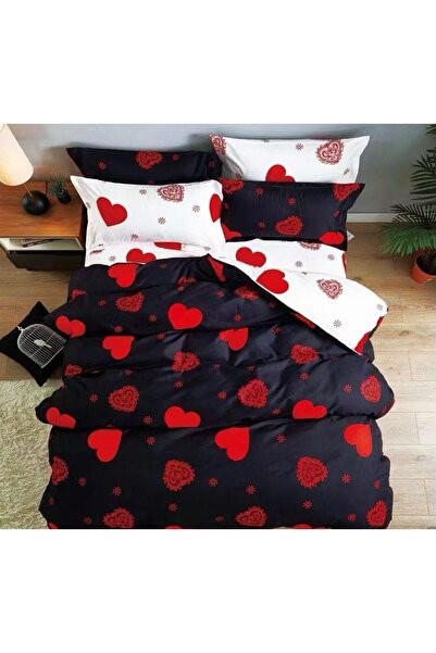 trendyhome Double Bed Linen, 4 Pieces, Fine Cotton, Hearts, Black/White