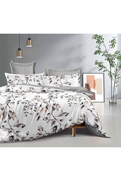 trendyhome Double Bed Linen, 4 Pieces, Fine Cotton, Leaves, White/Grey