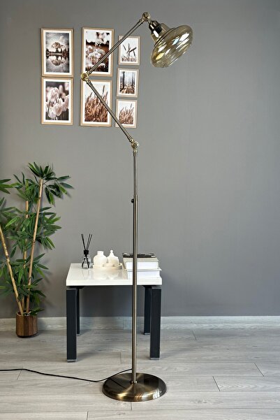 Bamyum Lumsa Bal Rengi Cam 3 Mafsallı Eskitme Gövde Lambader Modern Metal Zem...