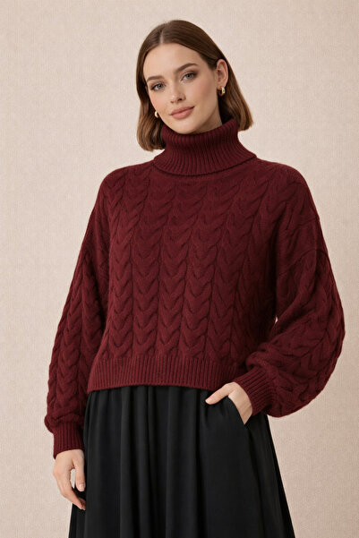 Kirazgym سترة تريكو محبوكة بنمط مميز - أحمر كلاريت