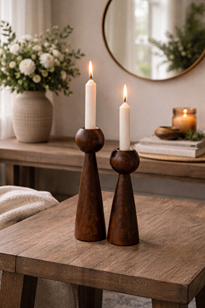 mebaconcept 18–14 cm Koyu Ceviz Ahşap Şamdan Seti | Dekoratif Doğal Ahşap Mum...