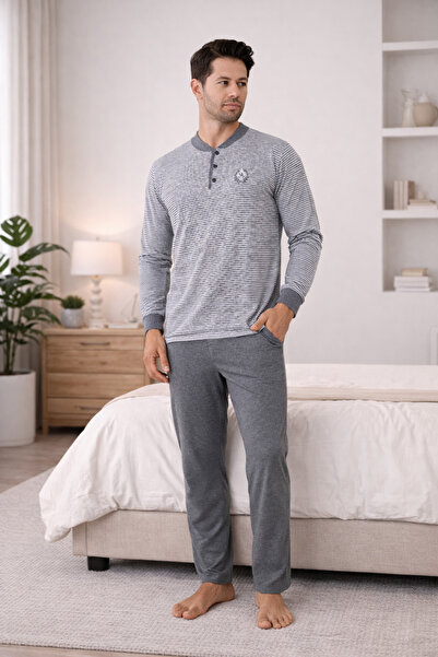 FORMO طقم بيجامة رجالي فاخر مصنوع من القطن الطبيعي بنسبة 100%، مخطط وعالي الج...