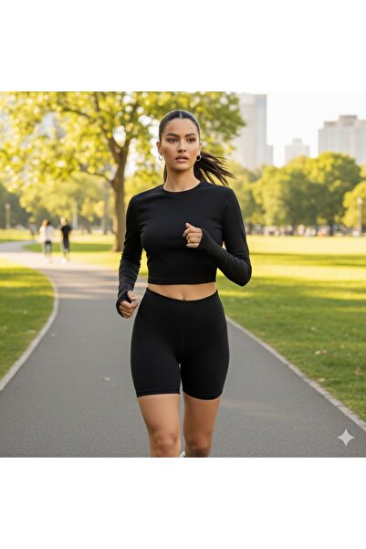 LADY HAZAL Black Crew Neck Crop Fit Cotton Finger Detailed Crop Length Sports...