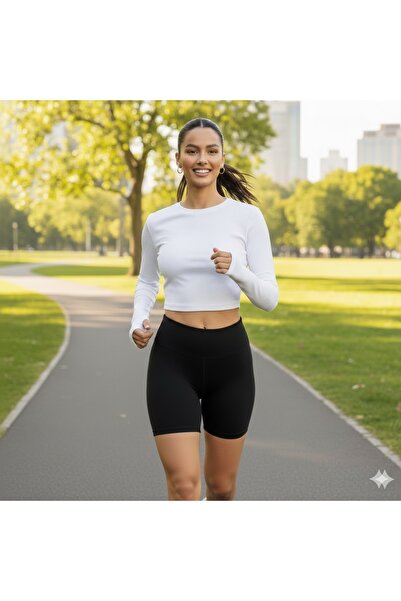 LADY HAZAL White Crew Neck Crop Fit Cotton Finger Detailed Crop Length Sports...