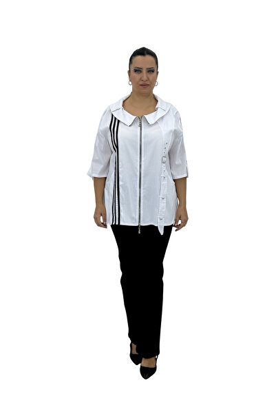 Sortie Plus Size Zippered Capri Sleeve Women's Shirt with Ribbon Belt Detail ...