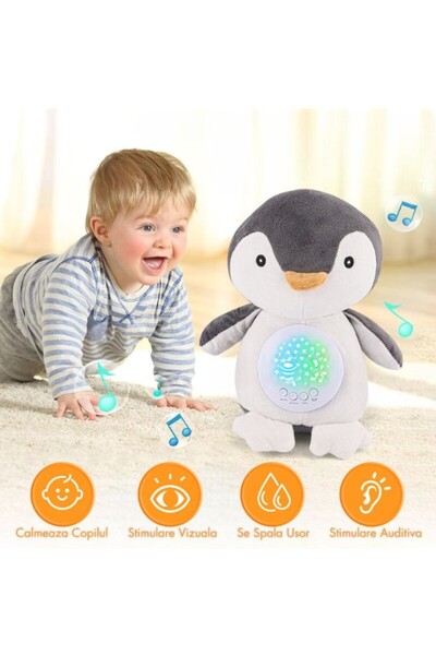 Sale4u Dispozitiv cu zgomot alb pentru bebeluși – Pinguin de pluș cu proiecți...