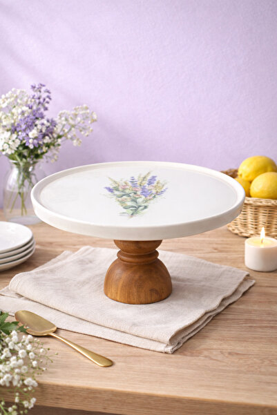 Evila Çiçek Desenli Ahşap Ayaklı Porselen Sunumluk 23,5 cm – Ayaklı Pasta ve ...