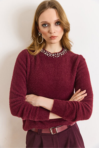 Olalook Women's Burgundy Collar Stone Detailed Thin Beard Knitwear Sweater Kz...