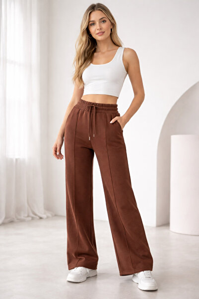 QUHOX Women's 3-Thread Fleece Lined Ov Oversized Brown Sweatpants