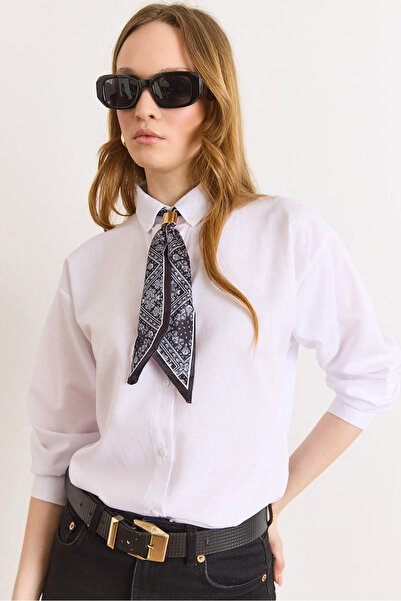 Olalook Women's White Scarf Detailed Comfortable Fit Shirt Gml-19001421