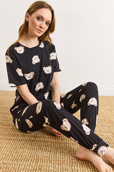 Olalook Γυναικείο Σετ Πιτζάμες Μαύρο Αρκουδάκι 100% Βαμβακερό Κοντομάνικο με ...