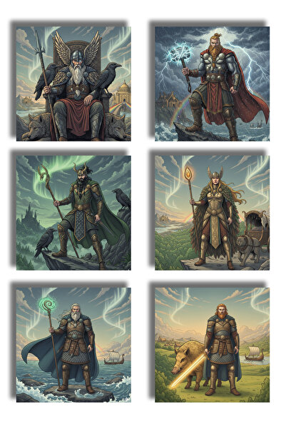 remonz Scandinavian Mythology Themed Printed Wooden Coasters 9X9 cm (6 Pcs) w...