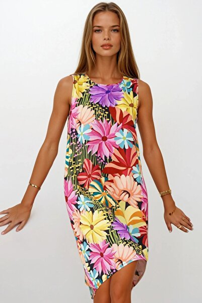 Trend Alaçatı Stili Rochie de damă galbenă fucsia cu imprimeu floral, fără mâ...