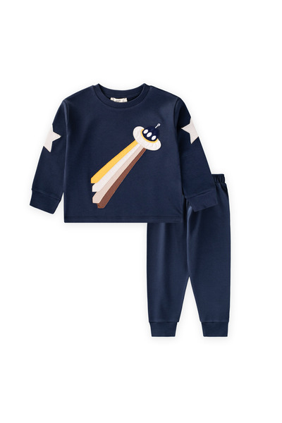 Cigit Spacecraft Appliqued Pajama Set 2-8 Years Old Navy Blue